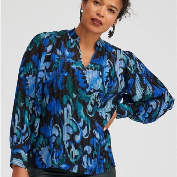 Chico’s Size 1 Scroll Print Pleated Shirt - Picture 1 of 11